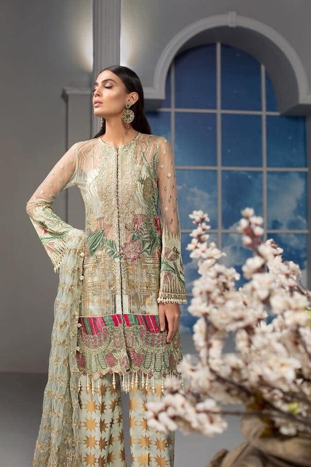 Stylish Pakistani Dress In Pistachio Green Color.With Tilla,Threads,And Handwork Embellishments