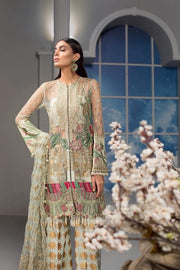 Stylish Pakistani Dress In Pistachio Green Color.With Tilla,Threads,And Handwork Embellishments