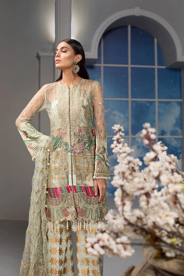Stylish Pakistani Dress In Pistachio Green Color.With Tilla,Threads,And Handwork Embellishments