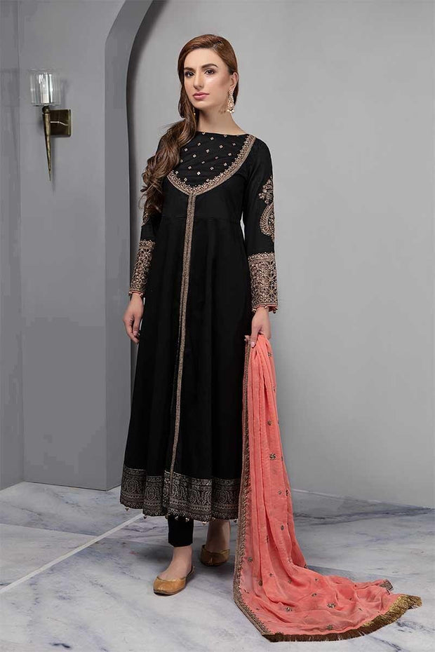 Black Anarkali Frock By Maria B.Work Emballished With Dhaga And Tilla Embroidery.
