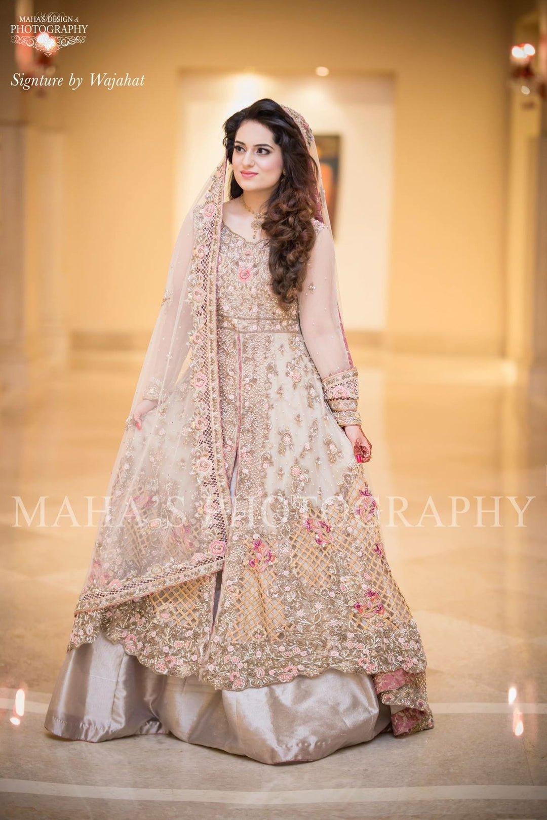 Beautiful Bridal Maxi in Pastel Pink and Shimmer Golden Color Nameera by Farooq