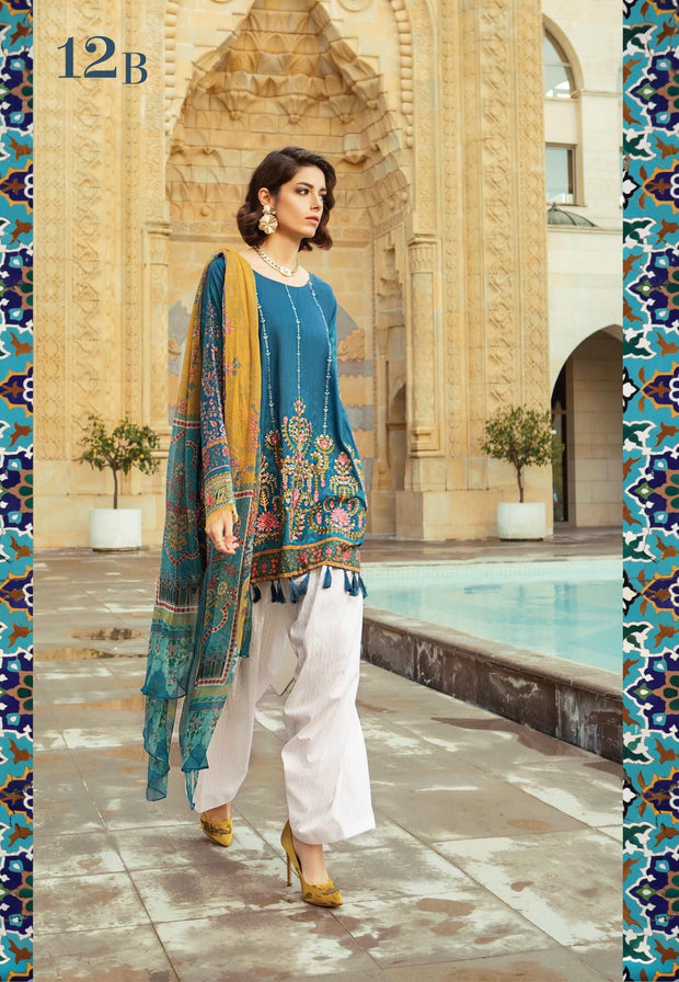 Pakistani Lawn Dress by Maria B In Dark Blue Color.Work Embellished With Pure Threads Embroidery.