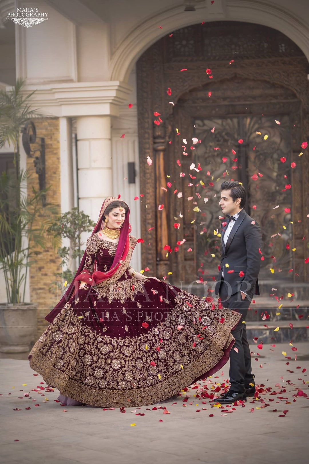 Bridal Reception Lahnga In Dark Maroon Color.Work Embalished With Pure Dabka Zari Sequance And Stone Work.