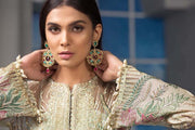 Stylish Pakistani Dress In Pistachio Green Color.With Tilla,Threads,And Handwork Embellishments