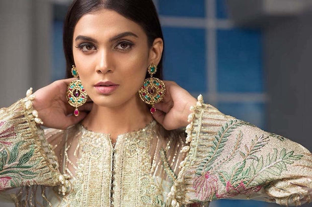 Stylish Pakistani Dress In Pistachio Green Color.With Tilla,Threads,And Handwork Embellishments