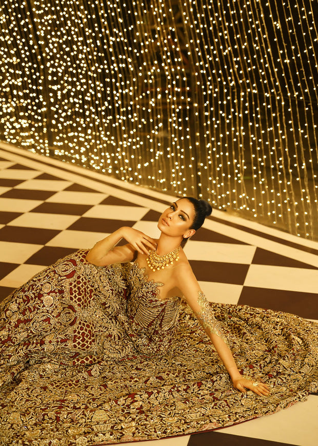 Embroidered gown dress in maroon color with dull gold work # B3374