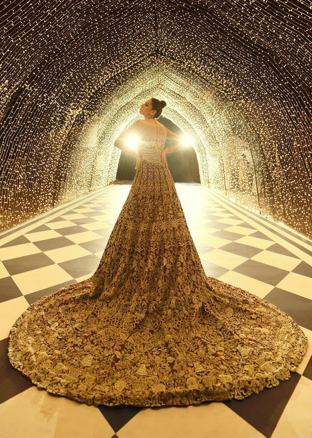 Embroidered gown dress in maroon color with dull gold work # B3374