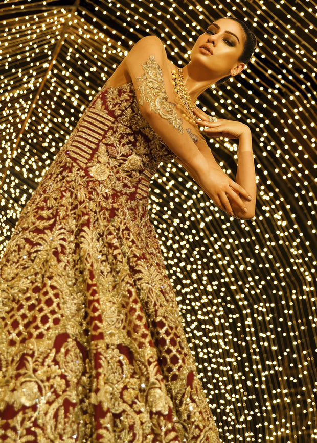 Embroidered gown dress in maroon color with dull gold work # B3374