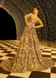 Embroidered gown dress in maroon color with dull gold work