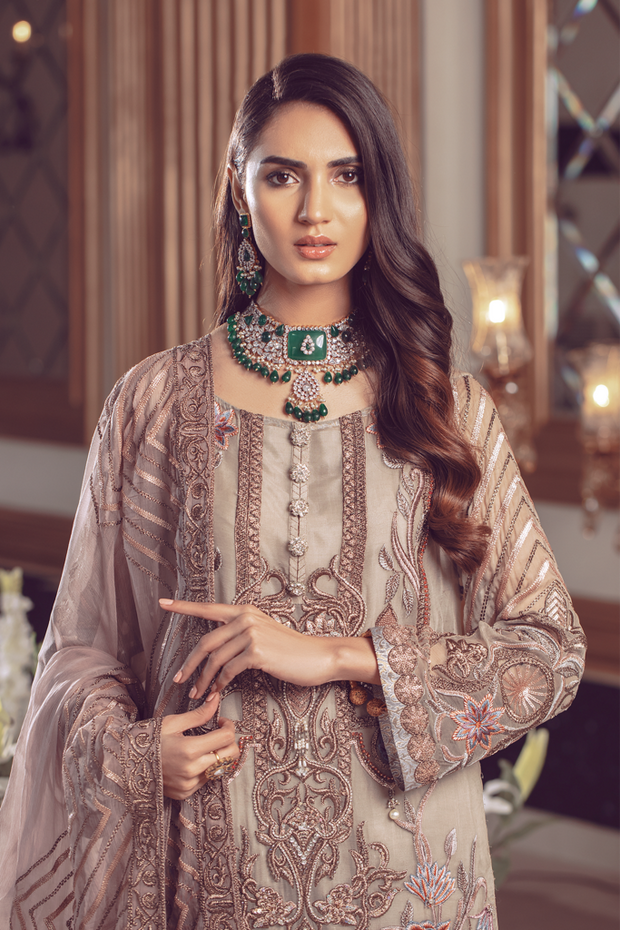 Pakistani Chiffon embroidered eid formal dress in foxy silver color