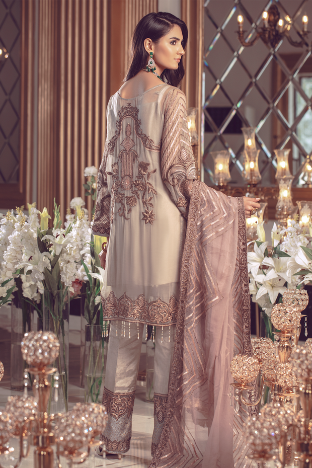 Pakistani Chiffon embroidered eid formal dress in foxy silver color # P2495