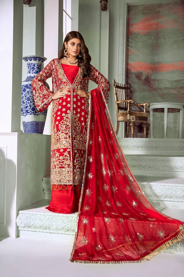 Eid Outfit with Embroidery in Rose Red Color Overall Look