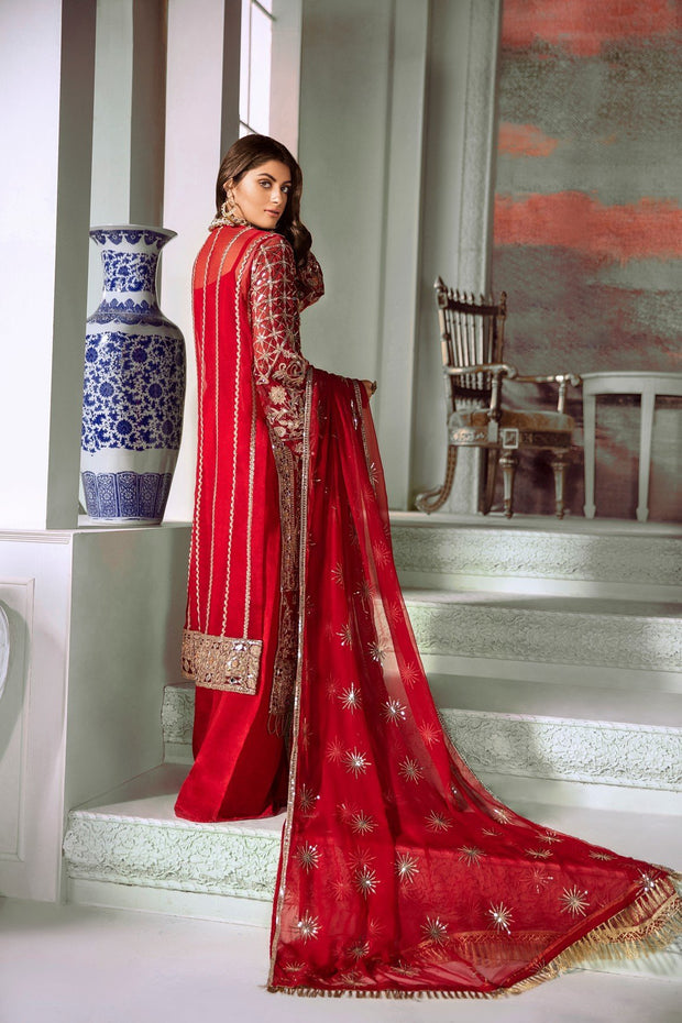 Eid Outfit with Embroidery in Rose Red Color  Backside View
