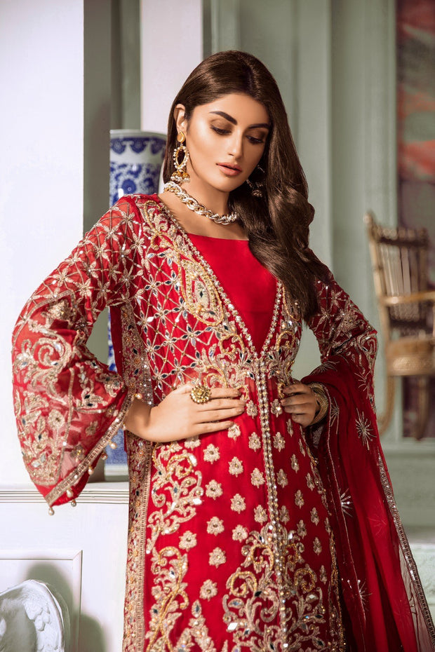 Eid Outfit with Embroidery in Rose Red Color 