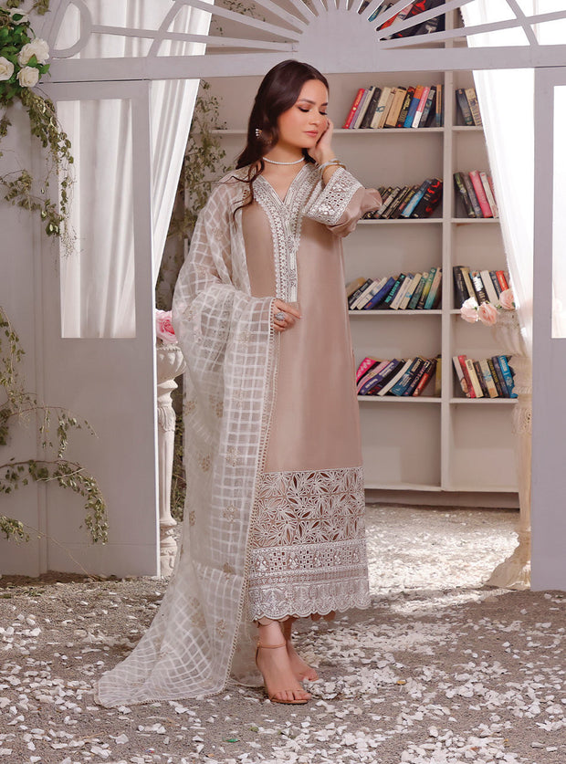 Elegant Beige Colored Silk Kameez Trouser Pakistani Eid Dress