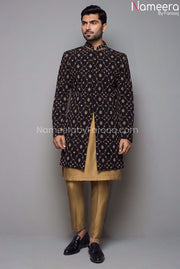 Elegant Black and Gold Sherwani for Men's Online Front Look