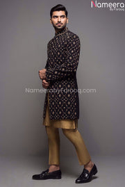 Elegant Black and Gold Sherwani for Men's Online Side Look