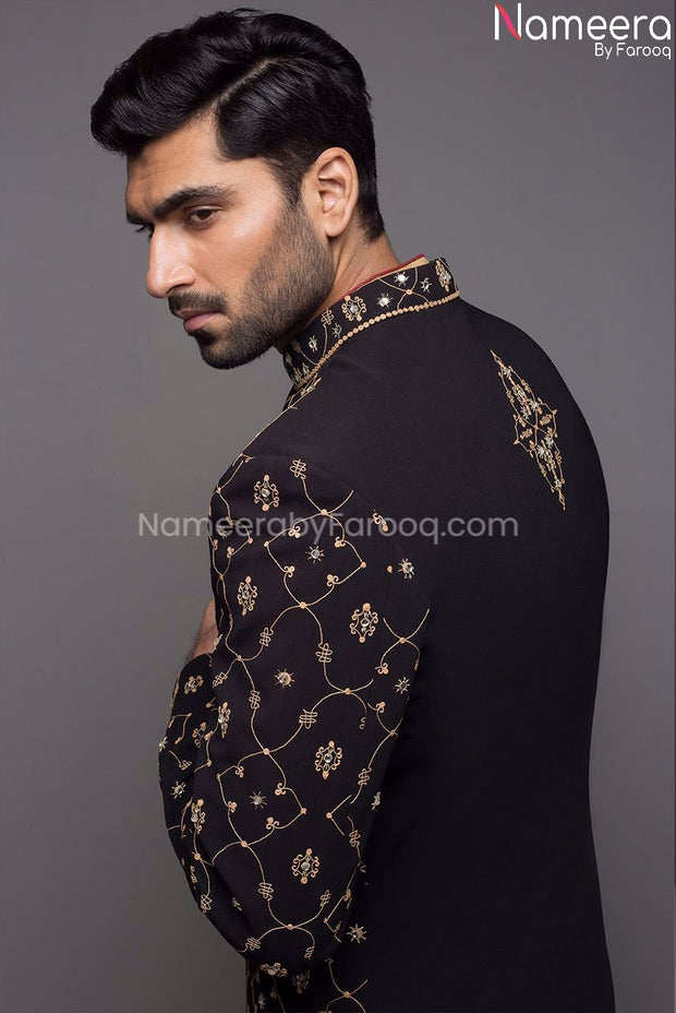 Elegant Black and Gold Sherwani for Men's Online Back Side