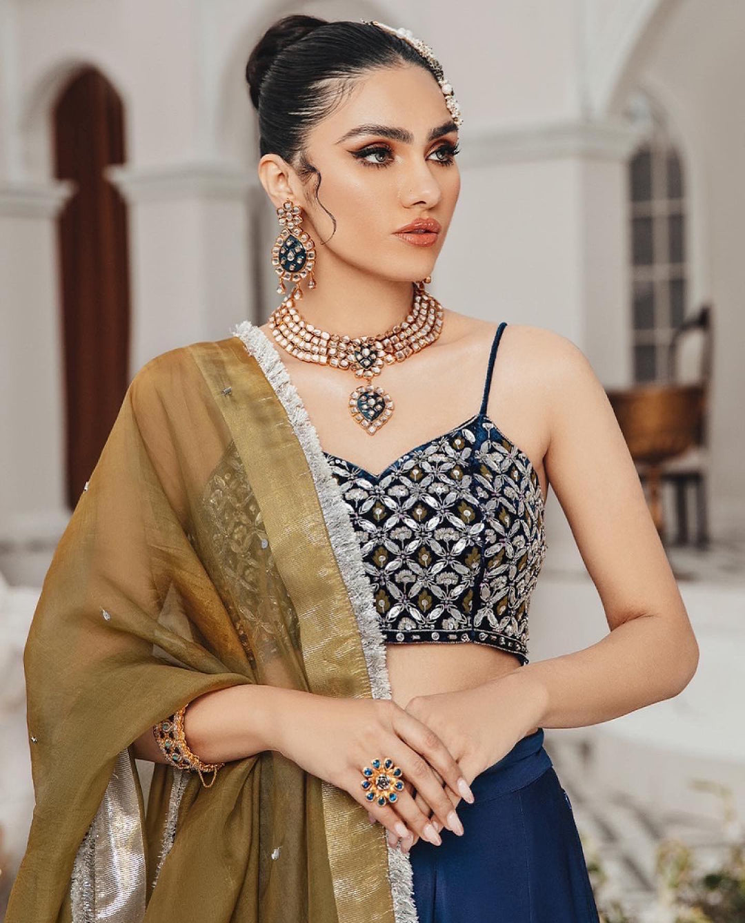 Elegant Blue Pakistani Bridal Lehenga with Choli & Dupatta