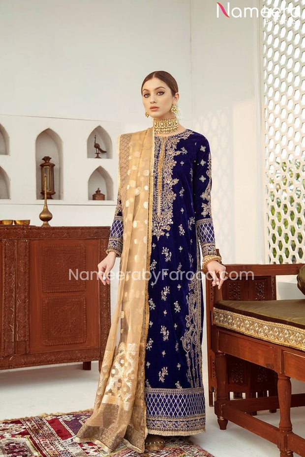 Elegant Blue Maxi Dress Pakistani Wedding Wear 