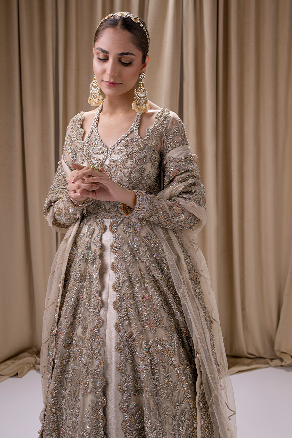 Elegant Pakistani Bridal Lehenga with Jamawar Gown