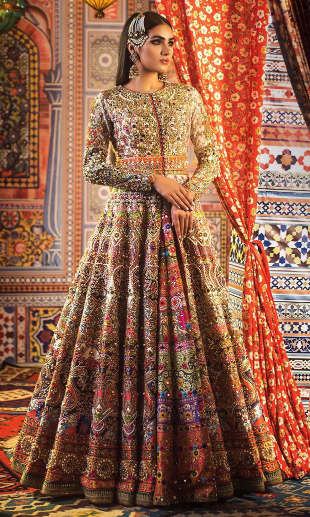 Elegant Bridal Mehndi Lehenga with Mirror Work – Nameera by Farooq