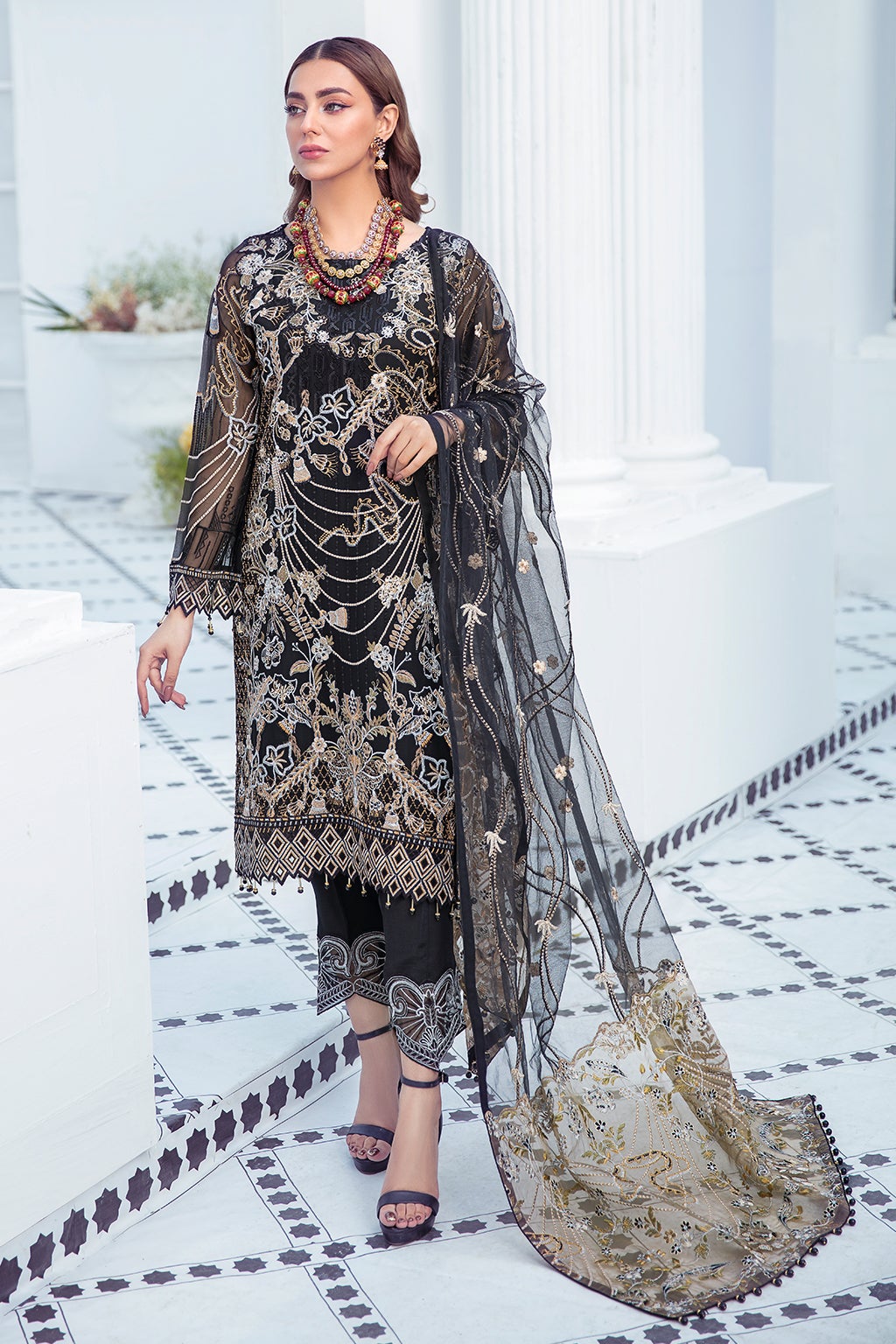 Elegant Chiffon Dress Pakistani in Black Color Designer