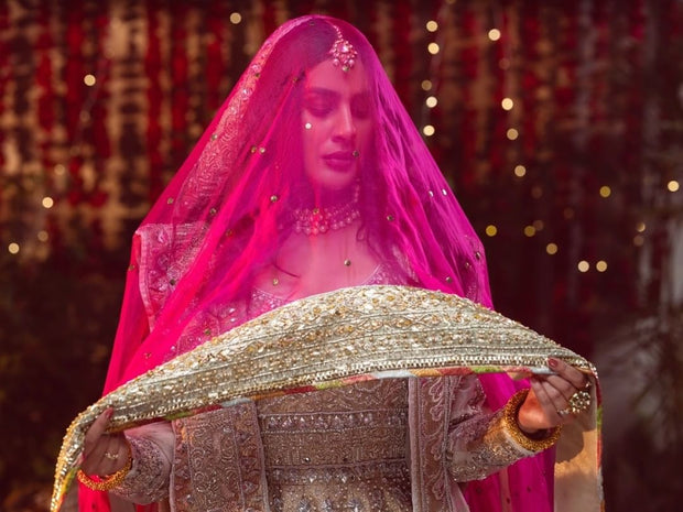 Elegant Embellished Pakistani Bridal Lehenga and Pishwas Dress