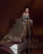 Elegant Embellished Pakistani Front Open Gown and Lehenga Dress