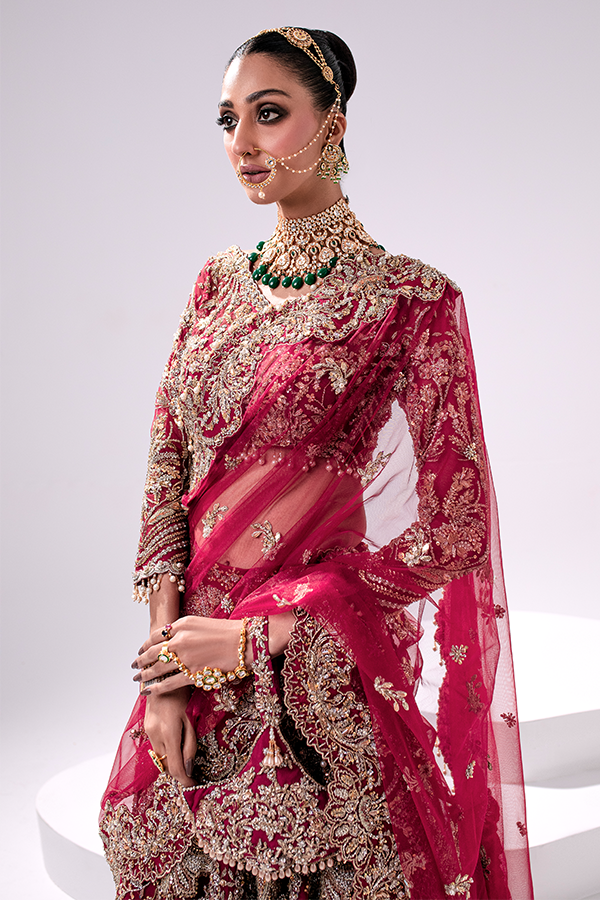 Elegant Embellished Red Lehenga with Choli and Dupatta Pakistani Bridal Dress in Premium Net Fabric
