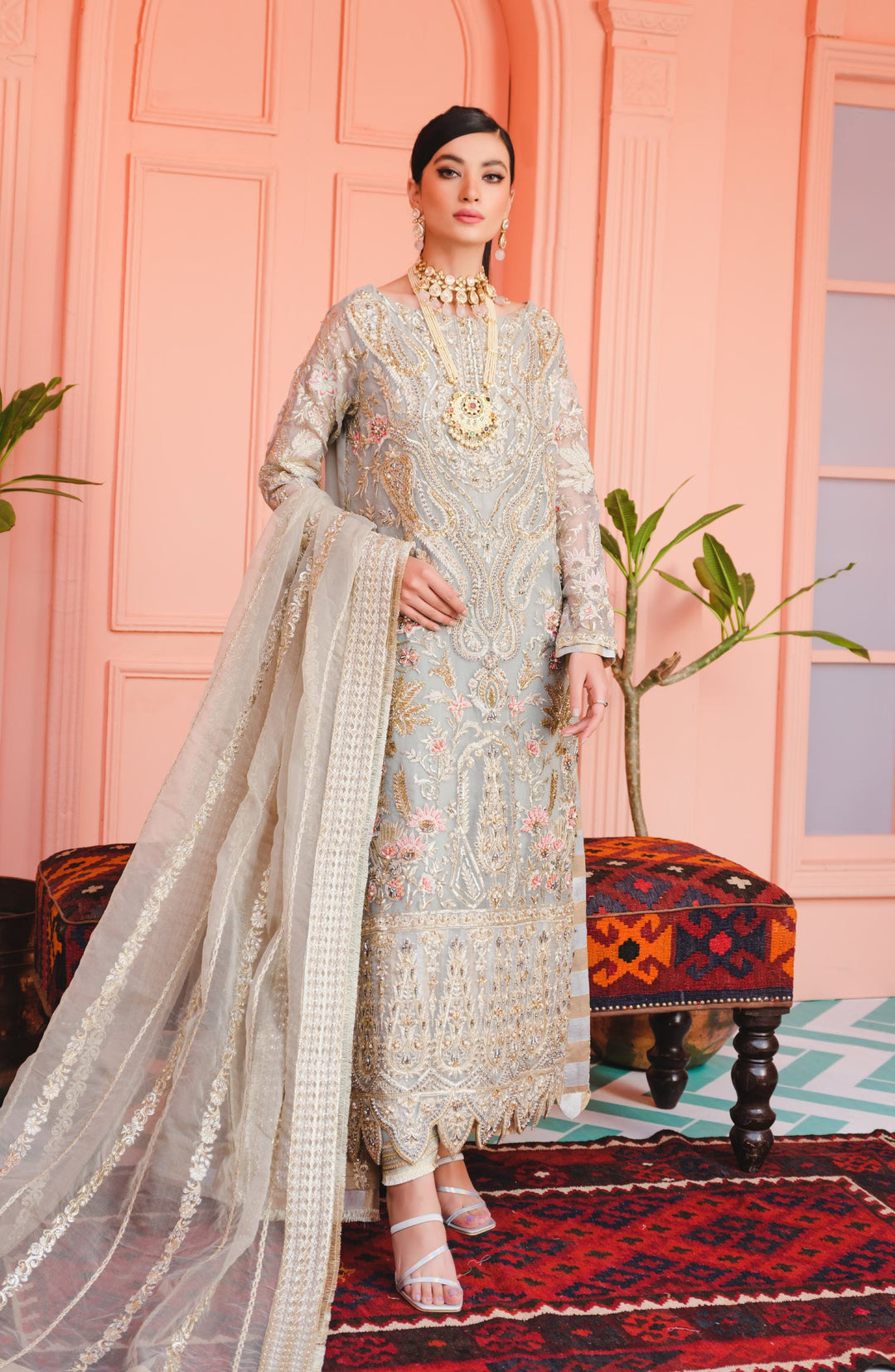 Elegant Fancy Dress Pakistani in Silver Shade