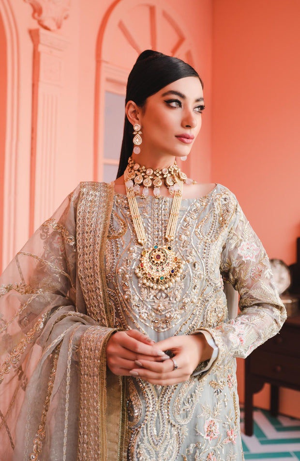 Elegant Fancy Dress Pakistani in Silver Shade 2022