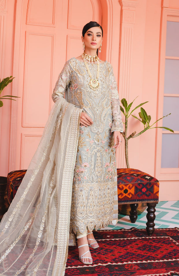 Elegant Fancy Dress Pakistani in Silver Shade