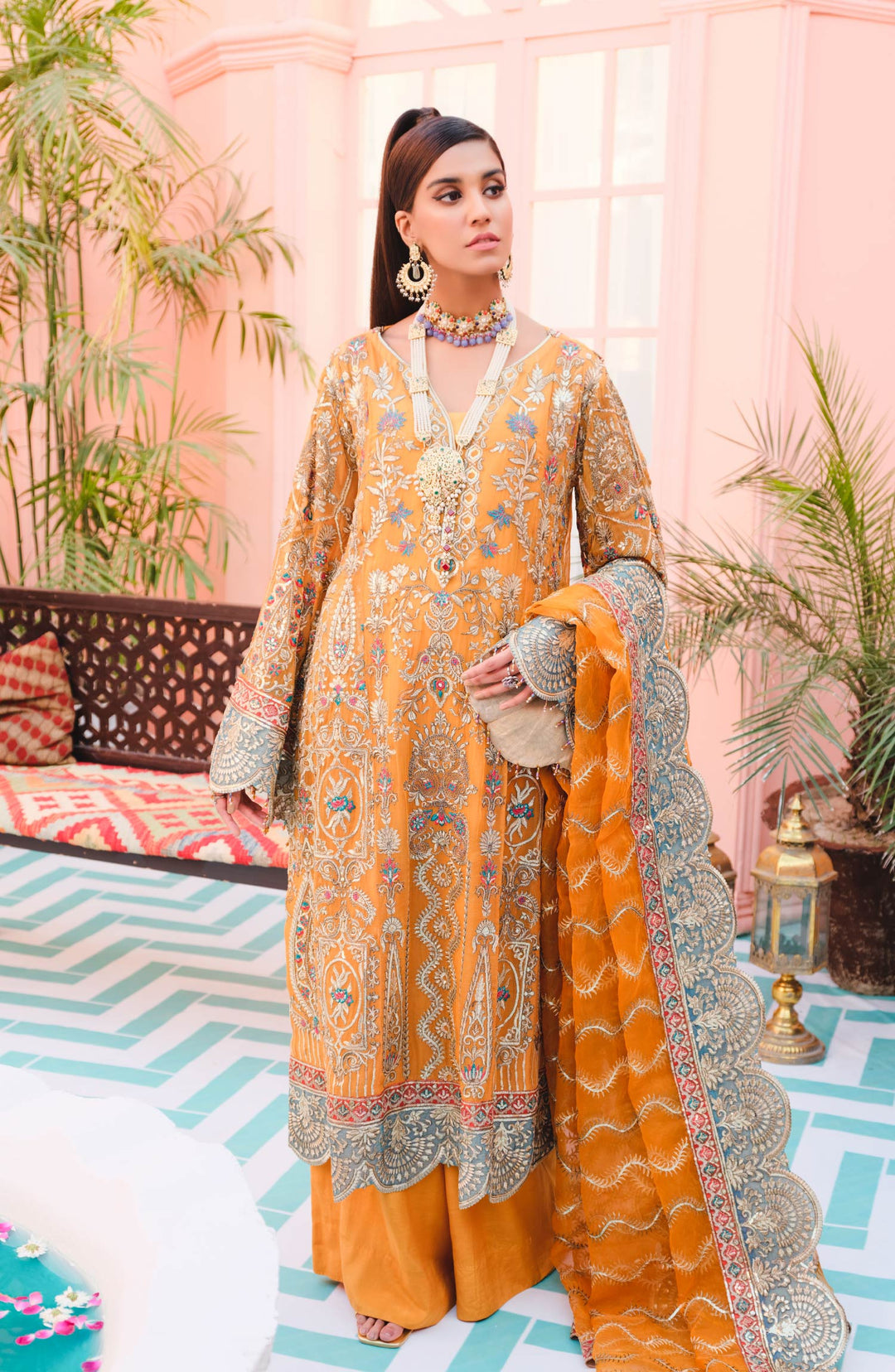 Elegant Fancy Kameez Salwar in Orange Shade