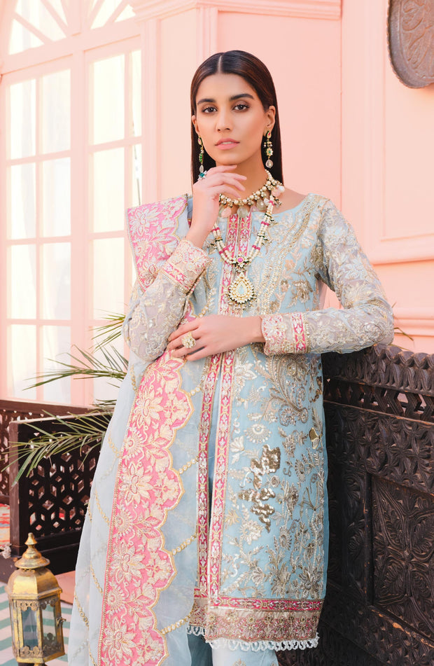 Elegant Fancy Pakistani Dress in Sky Blue Shade 2022