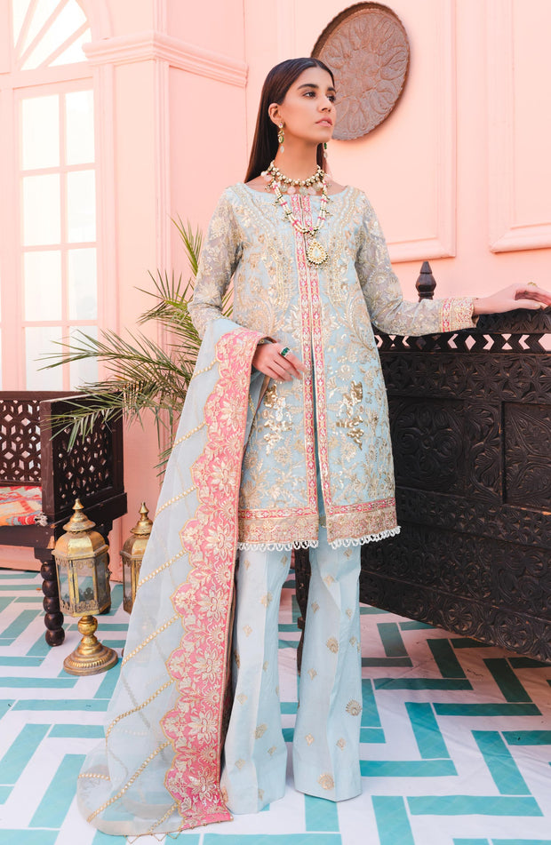 Elegant Fancy Pakistani Dress in Sky Blue Shade