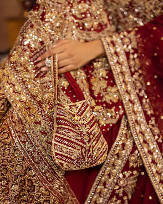 Elegant Farshi Lehenga Kameez Deep Red Bridal Dress Pakistani