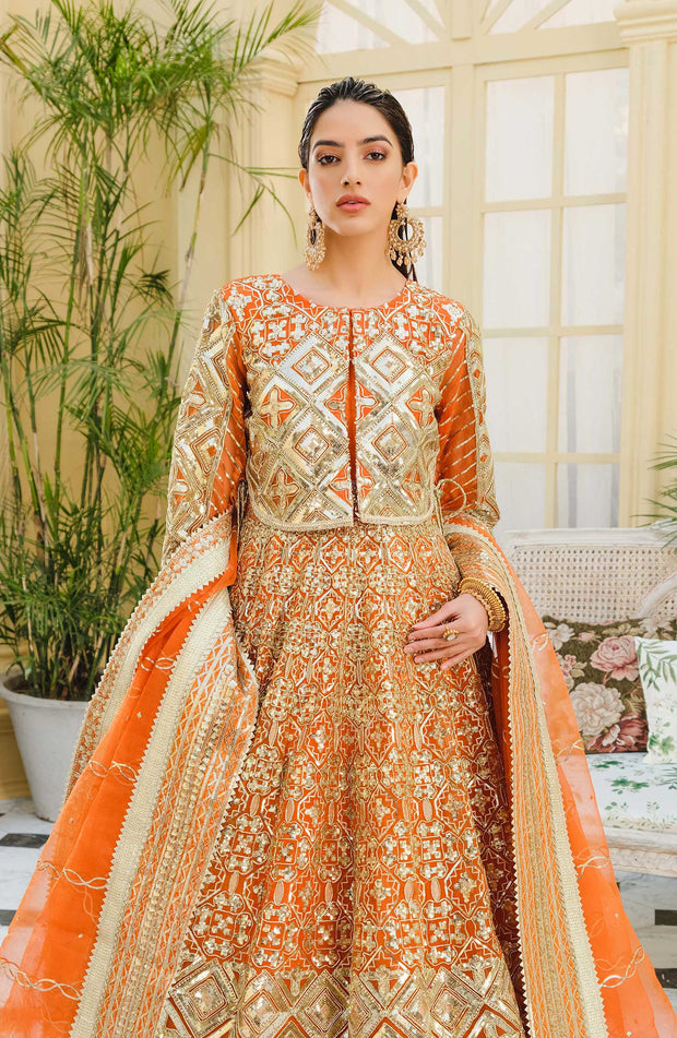 Elegant Frock Dress Pakistani in Orange Shade 2022
