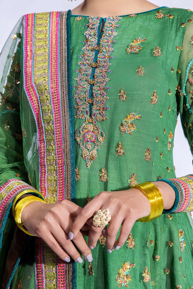Elegant Gharara Kameez Dupatta Green Pakistani Mehndi Dress