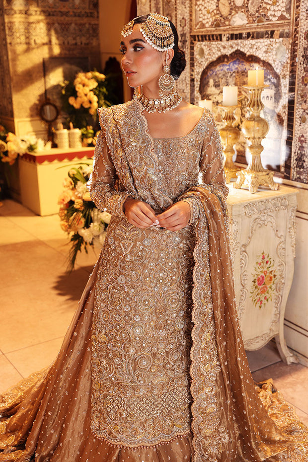 Elegant Golden Bridal Dress Pakistani in Lehenga Kameez Style