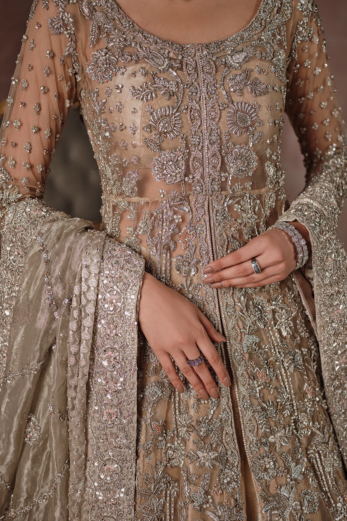 Golden Pakistani Bridal Dress in Lehenga Gown Style – Nameera by Farooq