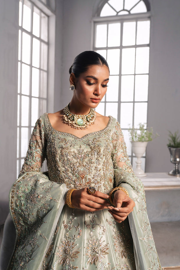 Elegant Gown Style Pakistani Bridal Dress in Mint Green Color