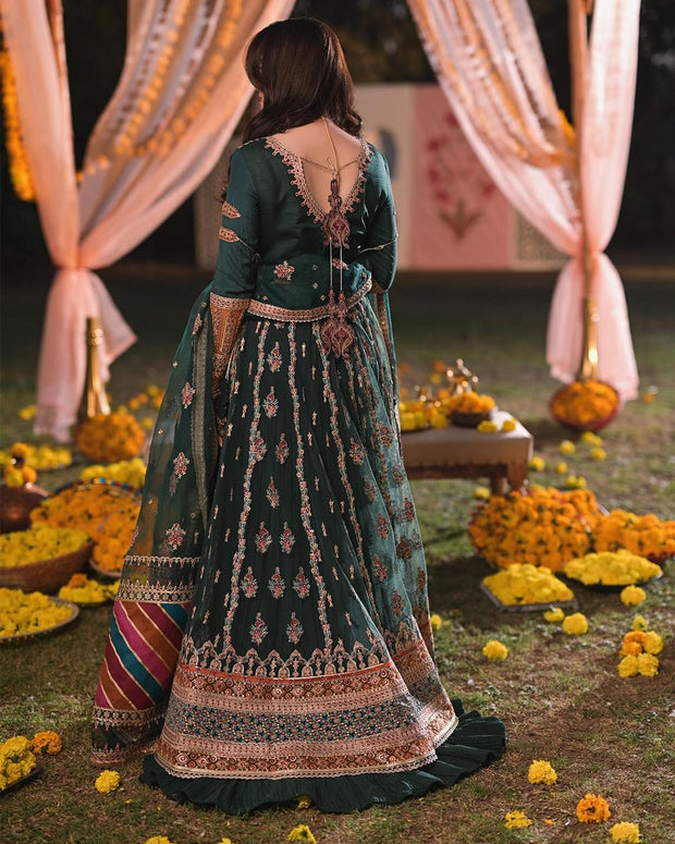 Elegant Green Lehenga with Open Gown Pakistani Mehndi Dress