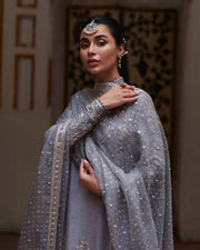 Elegant Grey Pakistani Wedding Dress in Kameez Sharara Style
