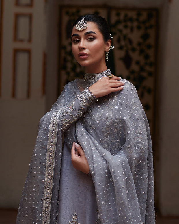 Elegant Grey Pakistani Wedding Dress in Kameez Sharara Style