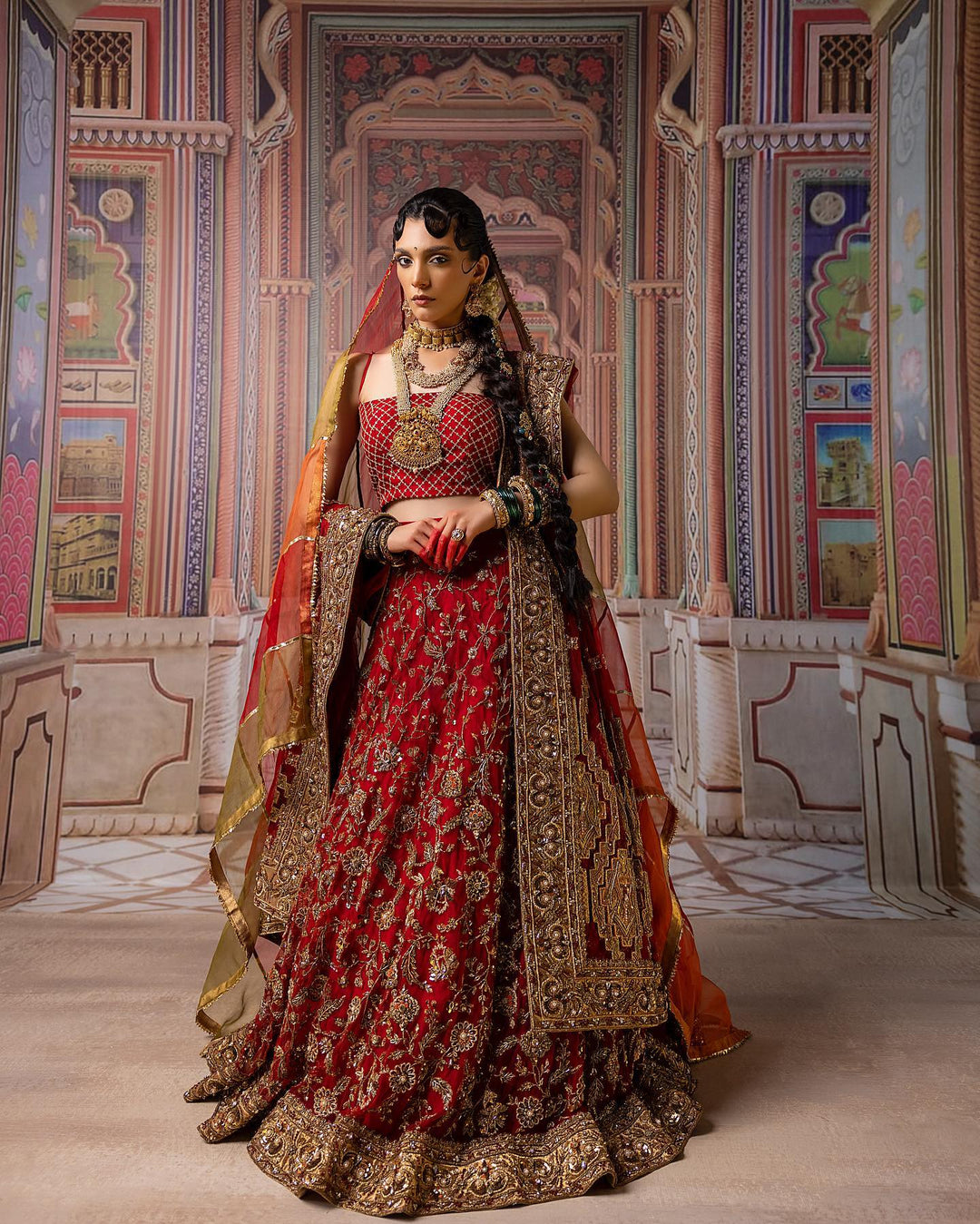 Elegant Red Pakistani Bridal Lehenga with Choli & Dupatta