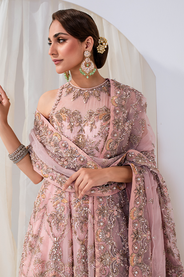 Elegant Jamawar Pink Lehenga with Organza Gown and Embellished Dupatta Pakistani Bridal Dress