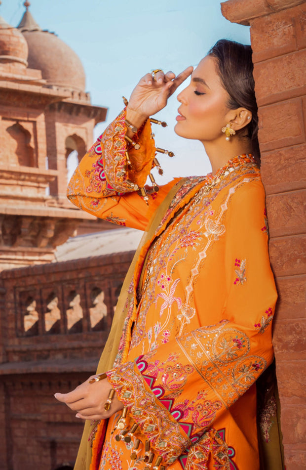 Elegant Kameez Trouser Dupatta Orange Dress Pakistani for Eid