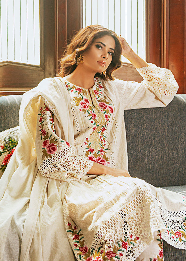 Elegant Kameez Trouser and Dupatta White Pakistani Eid Dress