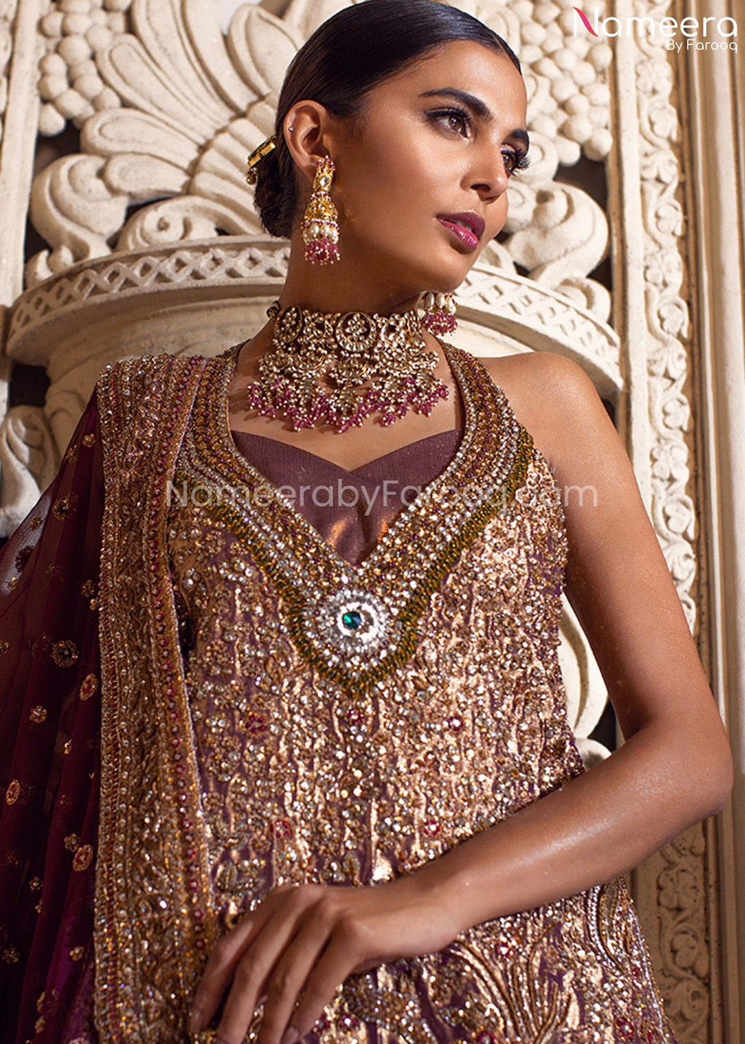 Elegant Lehenga Dress for Bride Online Neckline Embroidery
